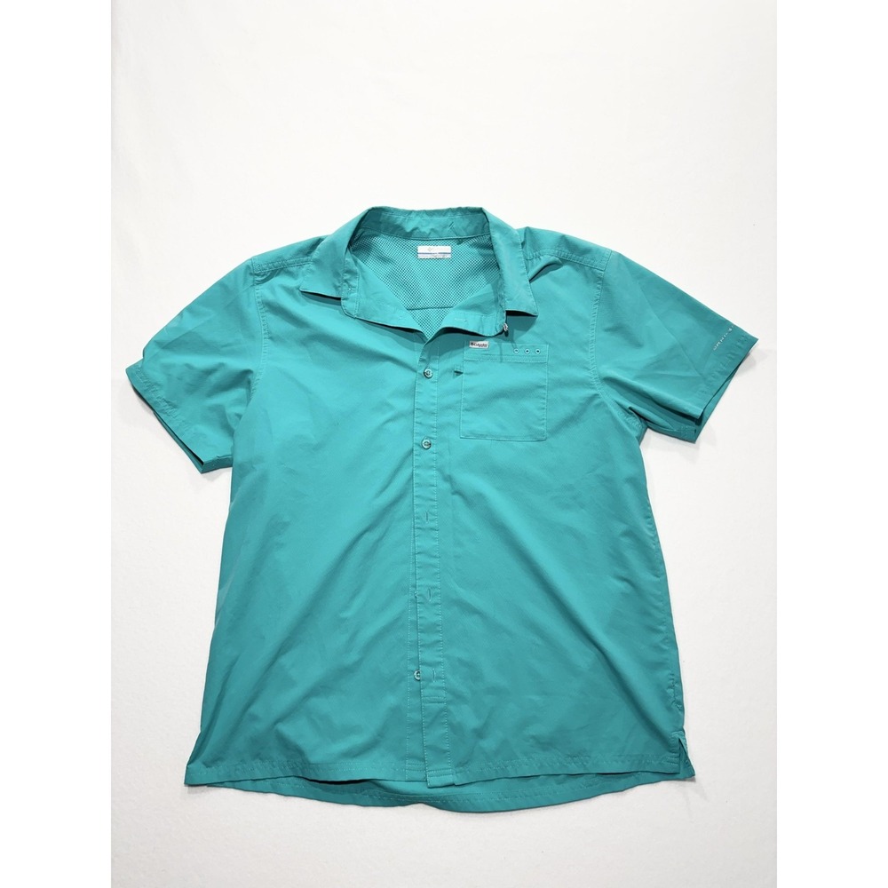 Columbia PFG Omni-Shade Shirt Mens Large Blue Short Sleeve Fishing Button Up